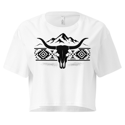 White crop top with mountains, bull skull, and Aztec pattern graphic #white