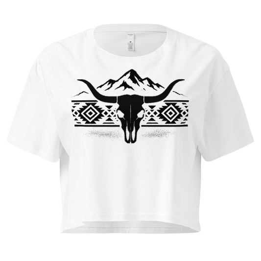 White crop top with mountains, bull skull, and Aztec pattern graphic #white