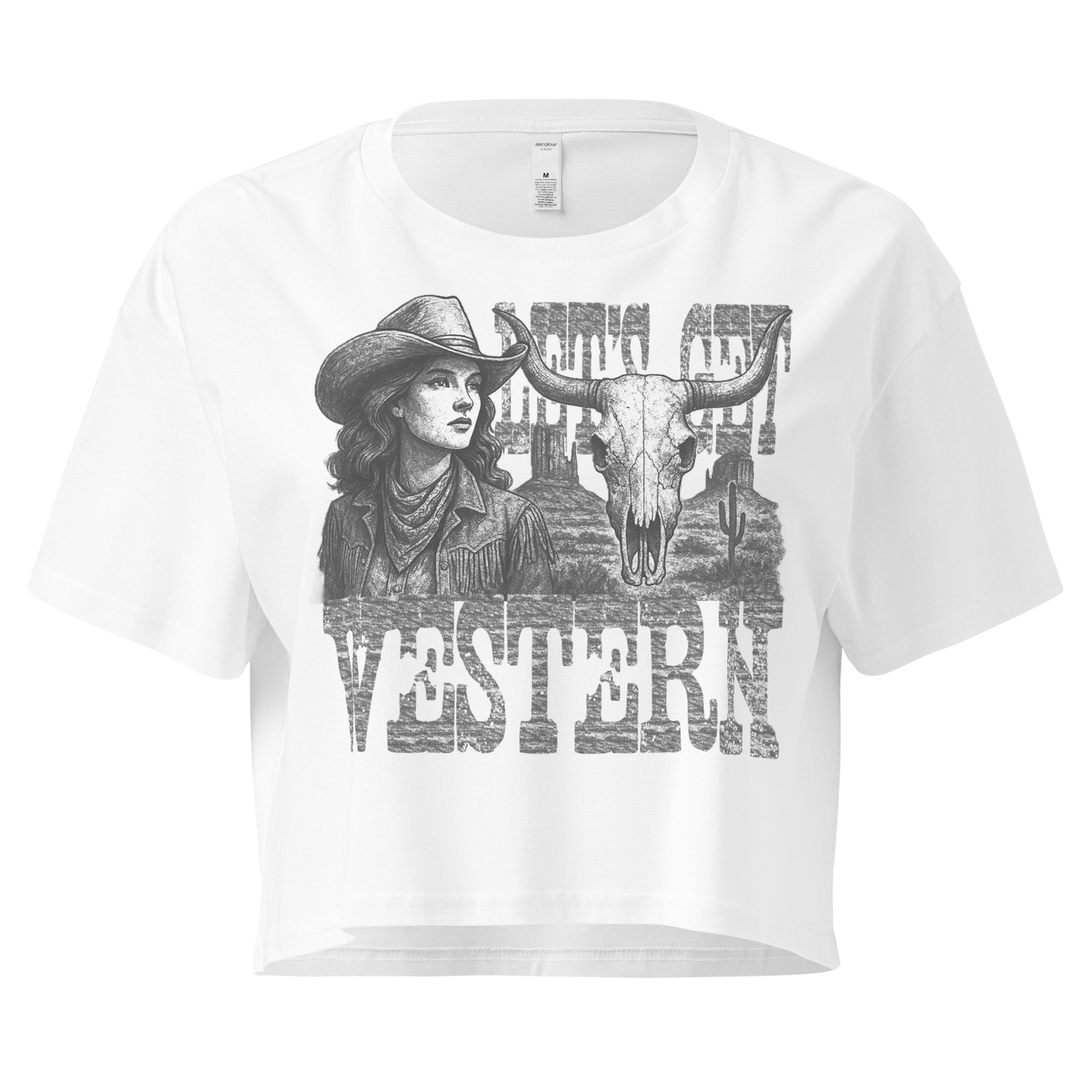 White crop top with cowgirl, longhorn skull, desert landscape and words Let's Get Western #white