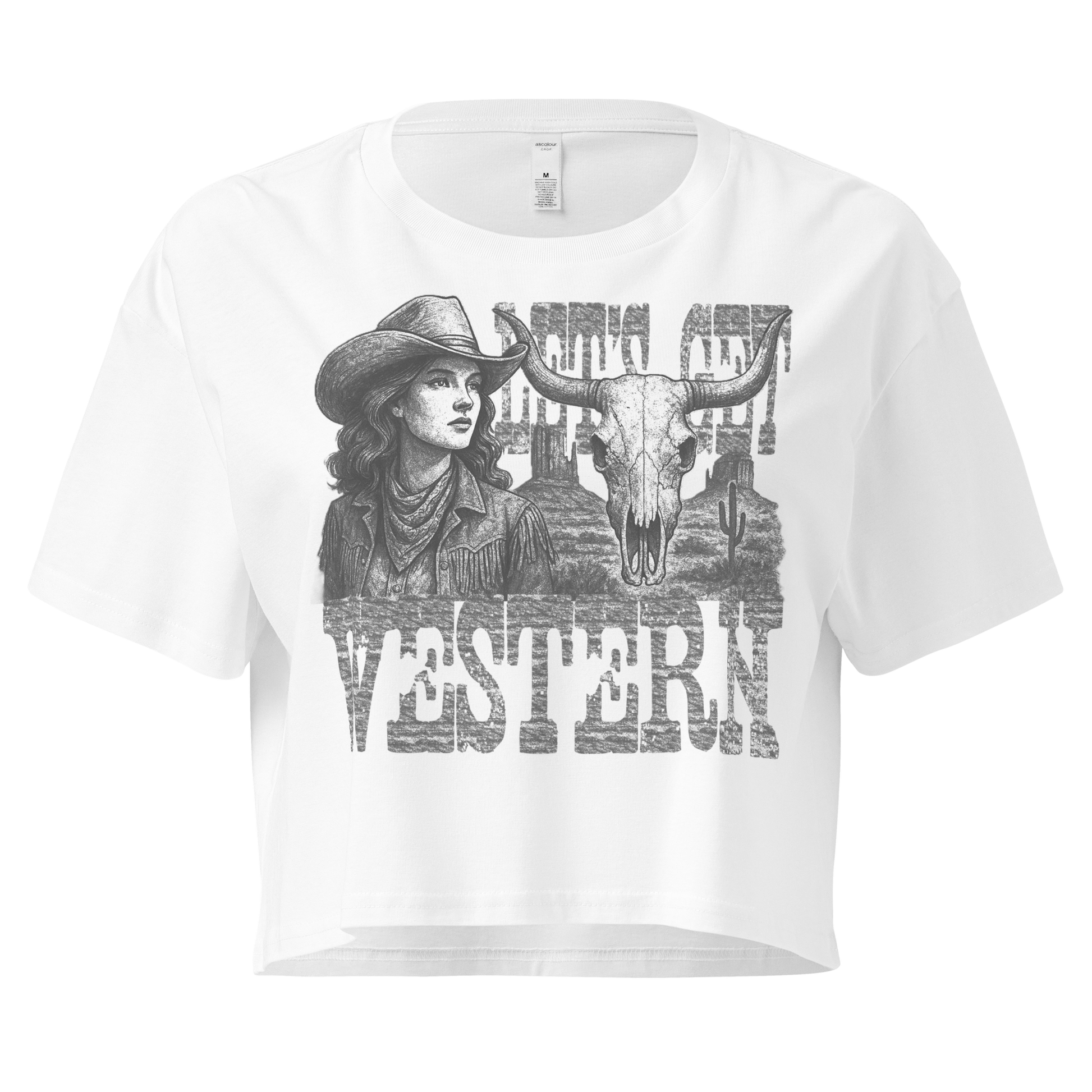 White crop top with cowgirl, longhorn skull, desert landscape and words Let's Get Western #white