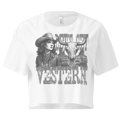 White crop top with cowgirl, longhorn skull, desert landscape and words Let's Get Western #white