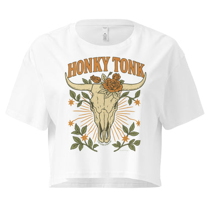 White crop top with graphic of bull skull and flowers with words honky tonk across the top #white