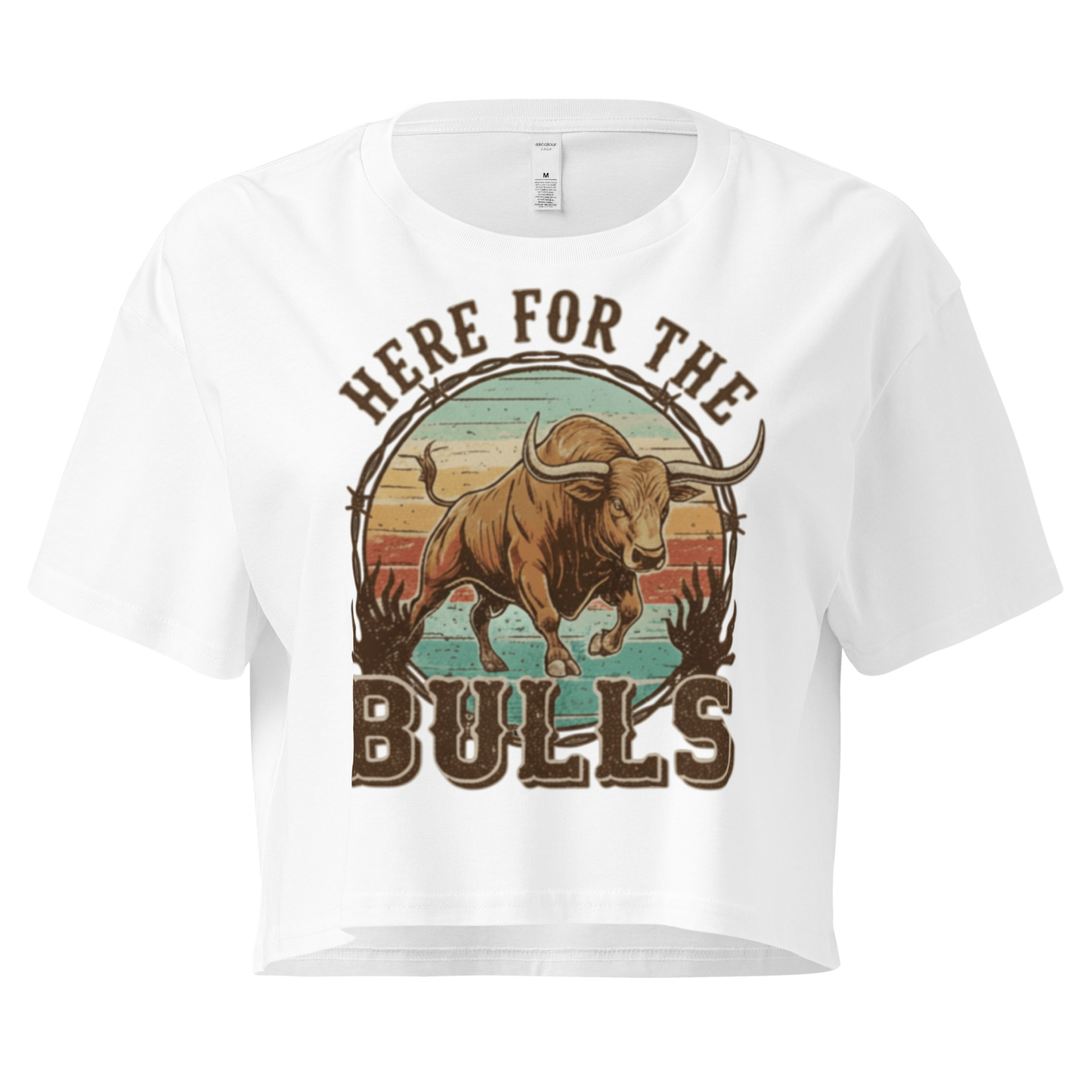 White crop top with graphic of retro coloring, a bull, and the words here for the bulls. #white