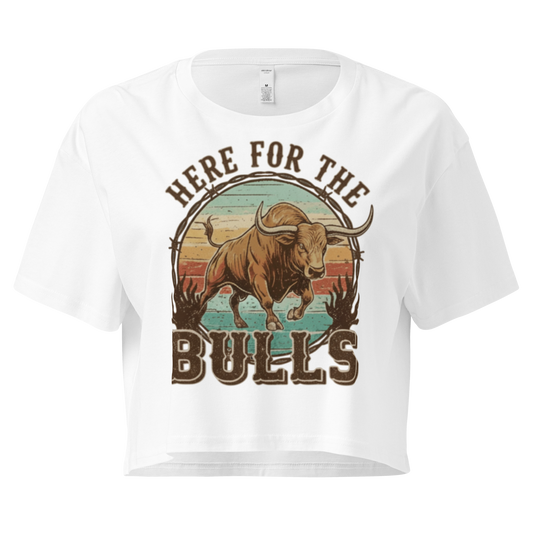 White crop top with graphic of retro coloring, a bull, and the words here for the bulls. #white
