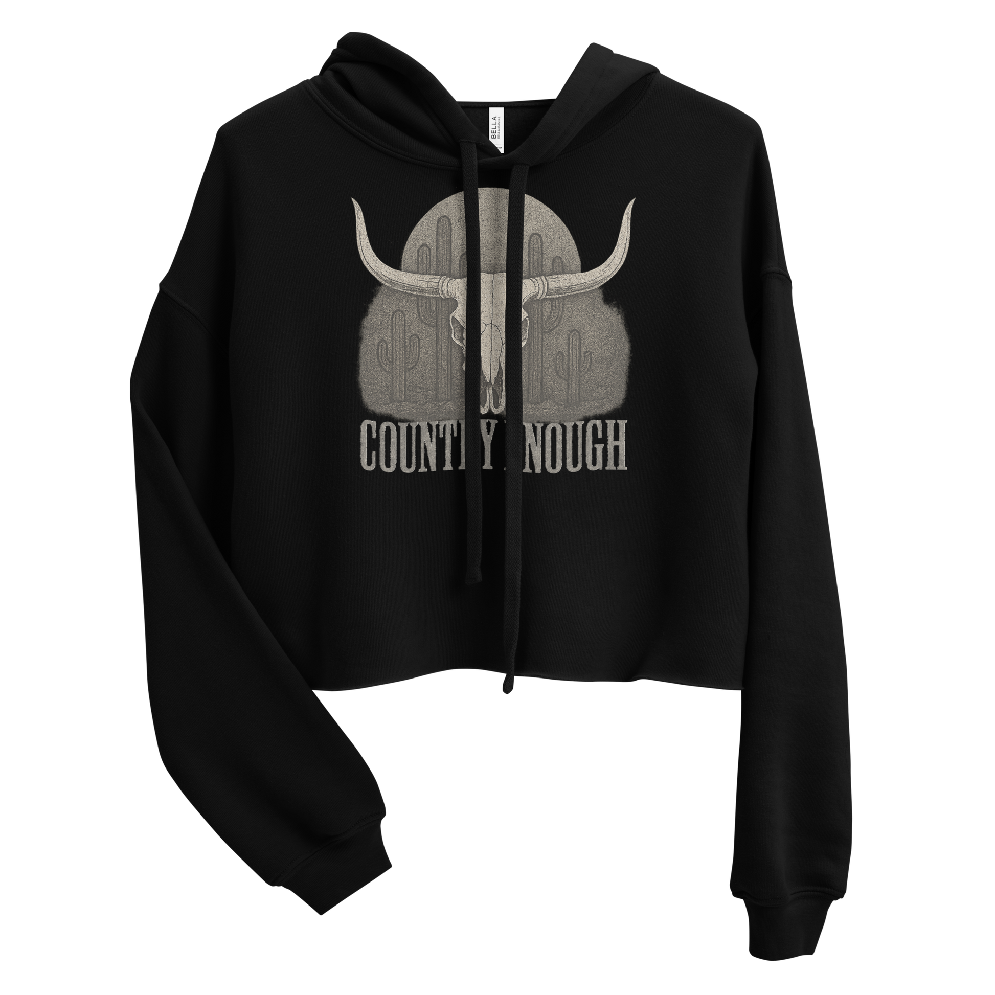 Black crop hoodie with graphic of bull skull, cacti, and words country enough #black