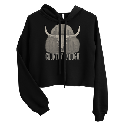 Black crop hoodie with graphic of bull skull, cacti, and words country enough #black