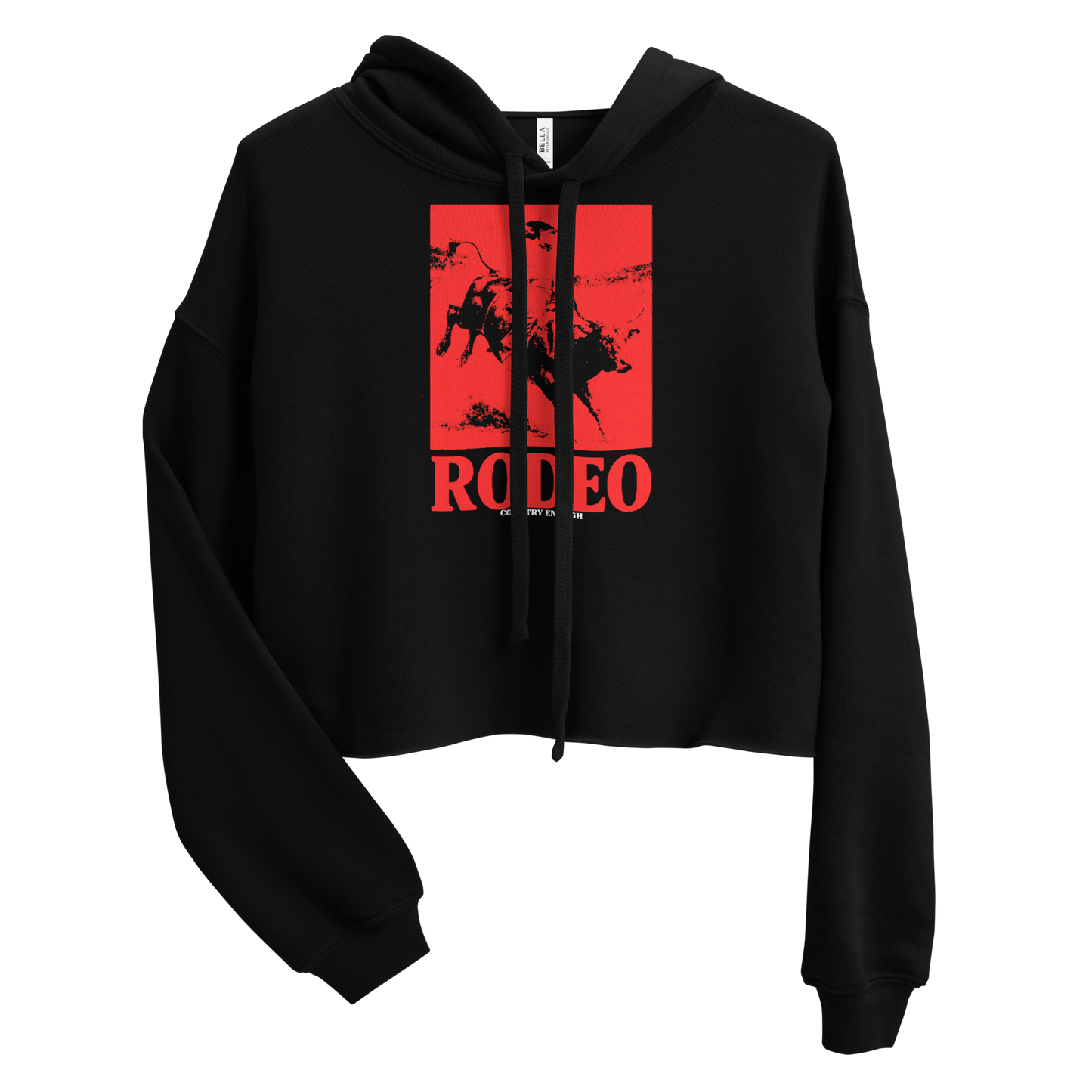 Black crop hoodie with bright red graphic of a cowgirl riding a bull with word rodeo in big letters below #black