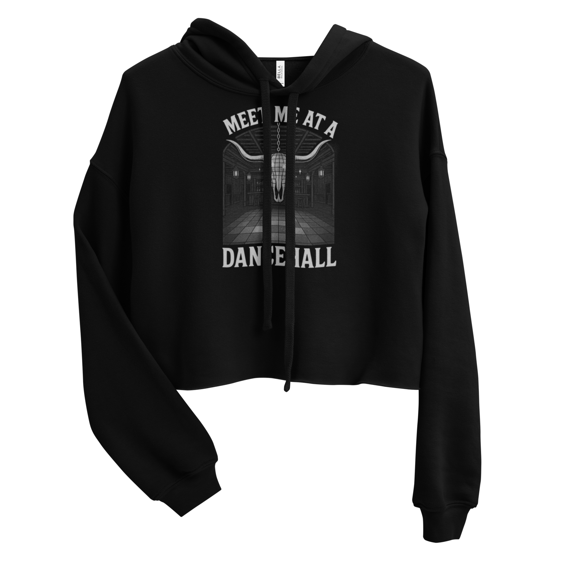 Black crop hoodie with graphic of longhorn style disco ball, bar scene, and words meet me at a dance hall #black