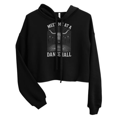 Black crop hoodie with graphic of longhorn style disco ball, bar scene, and words meet me at a dance hall #black