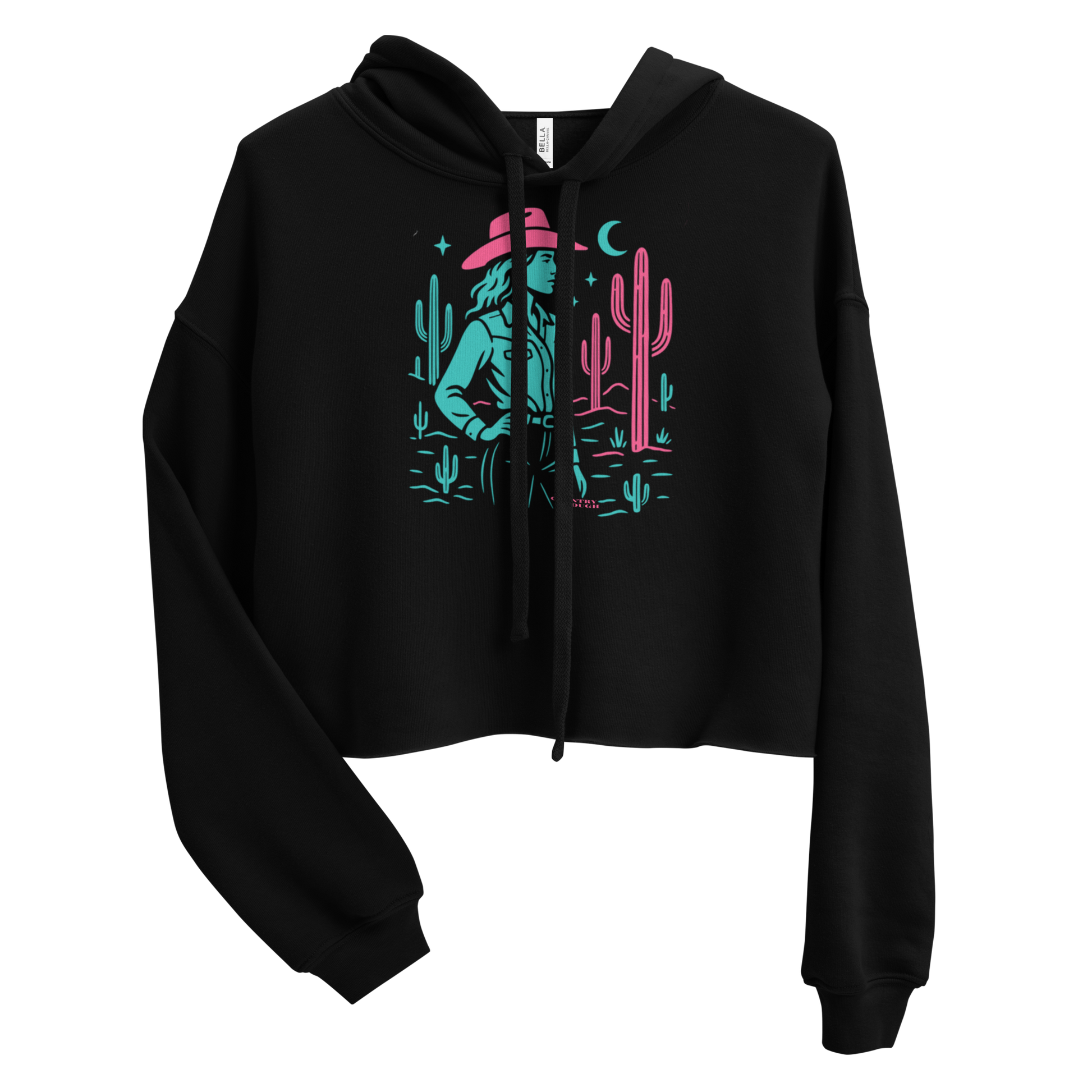 Black crop hoodie with graphic of cowgirl, moon, and cacti #black