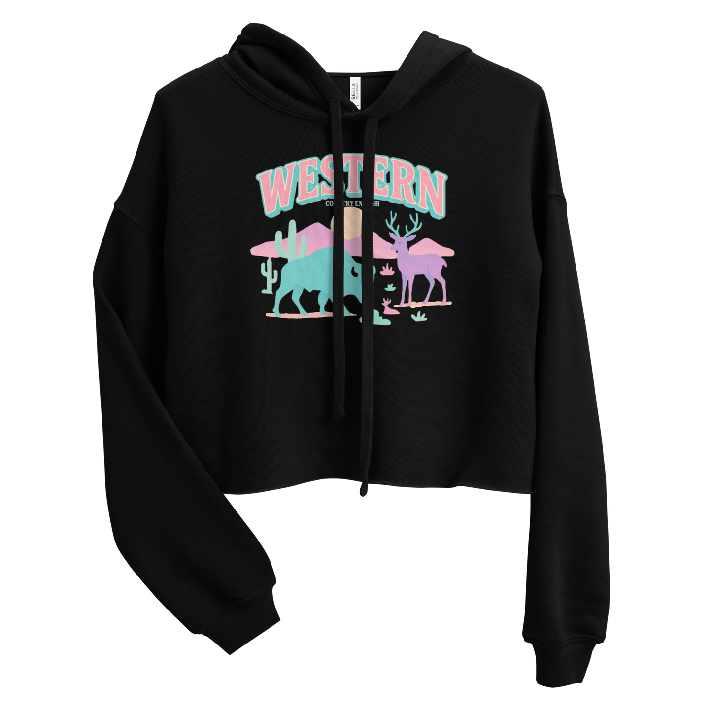 Black crop hoodie with pastel graphic of bison, deer, desert landscape, and sun #black