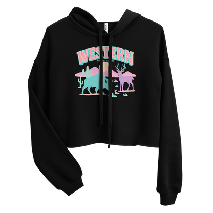 Black crop hoodie with pastel graphic of bison, deer, desert landscape, and sun #black