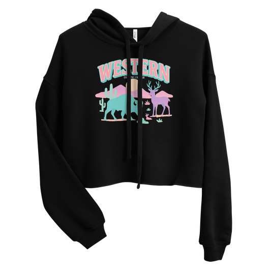 Black crop hoodie with pastel graphic of bison, deer, desert landscape, and sun #black