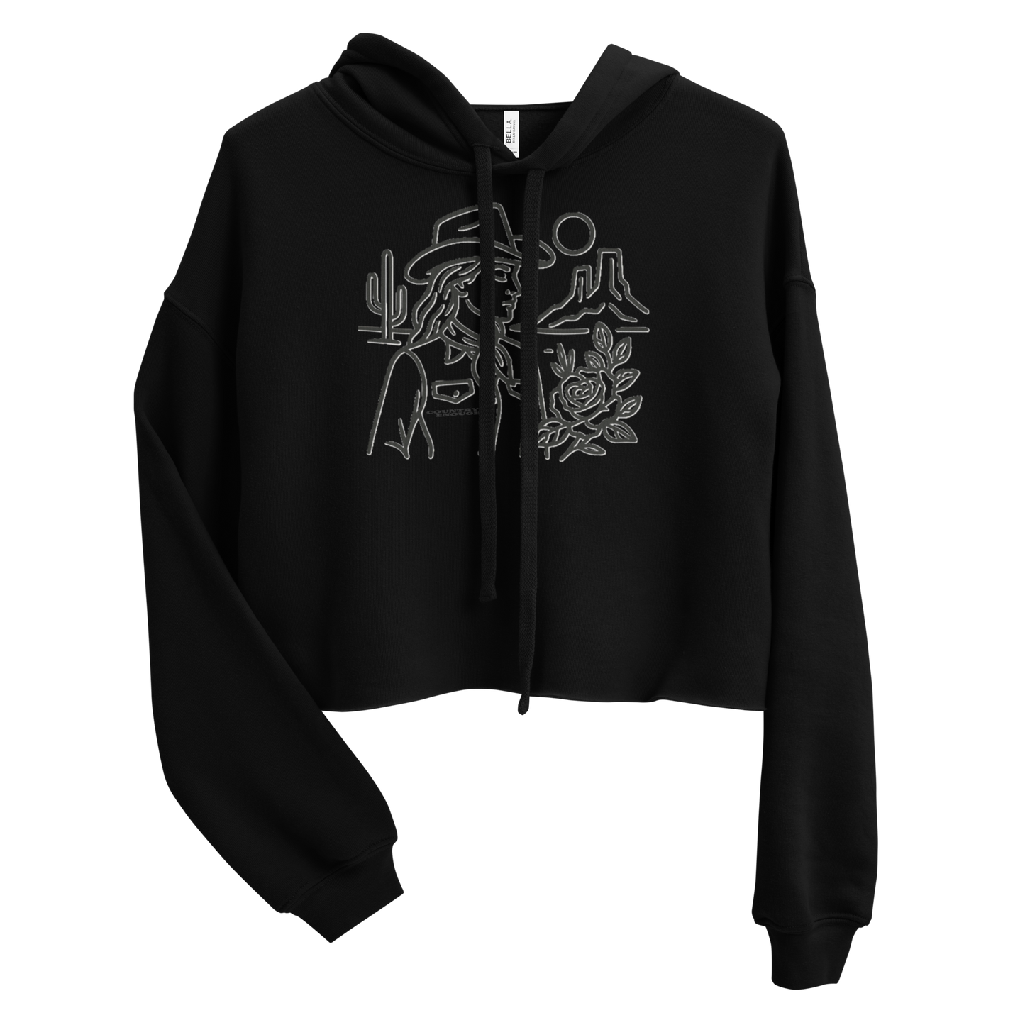 Black crop hoodie with graphic of a cowgirl, desert landscape, sun, cacti, and rose #black