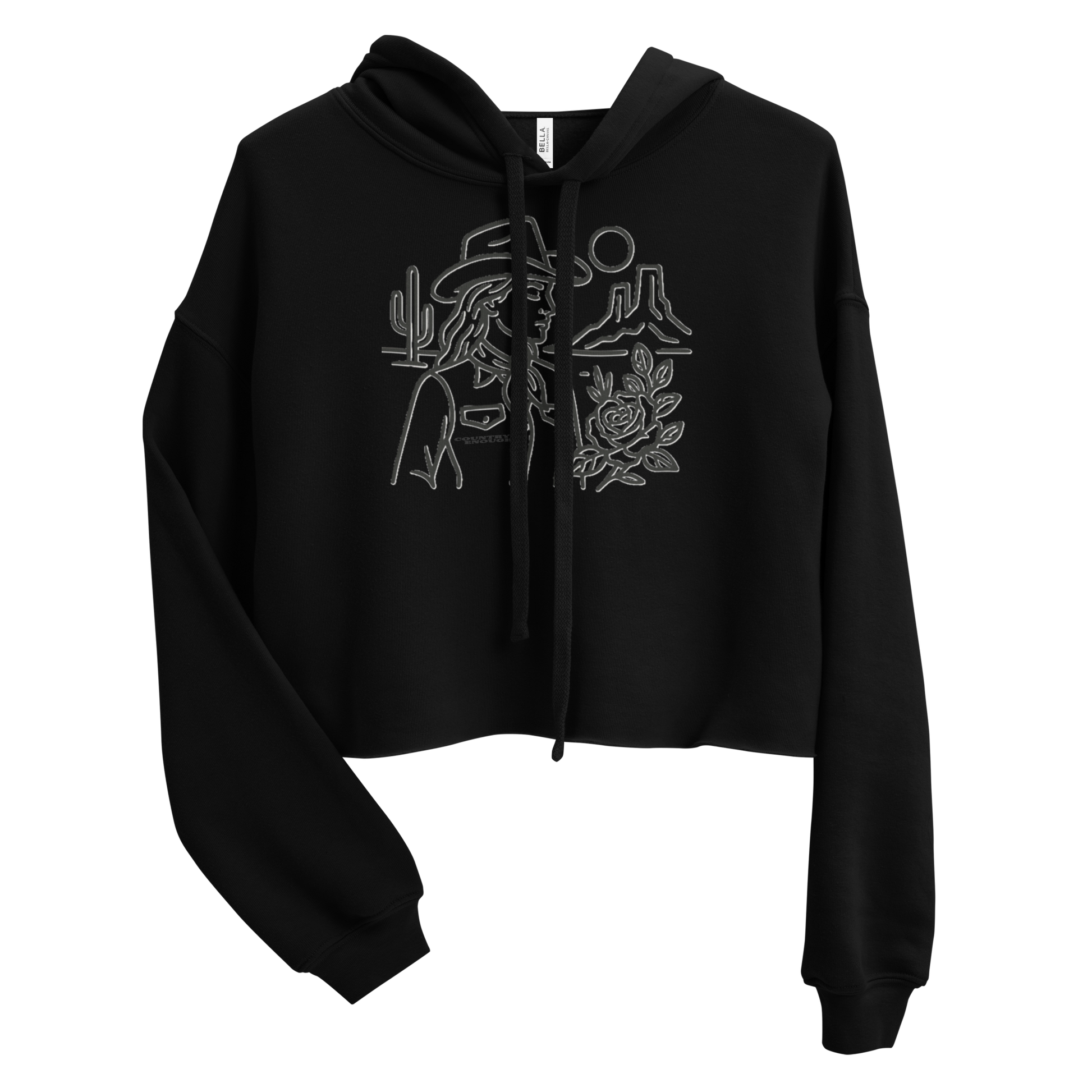 Black crop hoodie with graphic of a cowgirl, desert landscape, sun, cacti, and rose #black