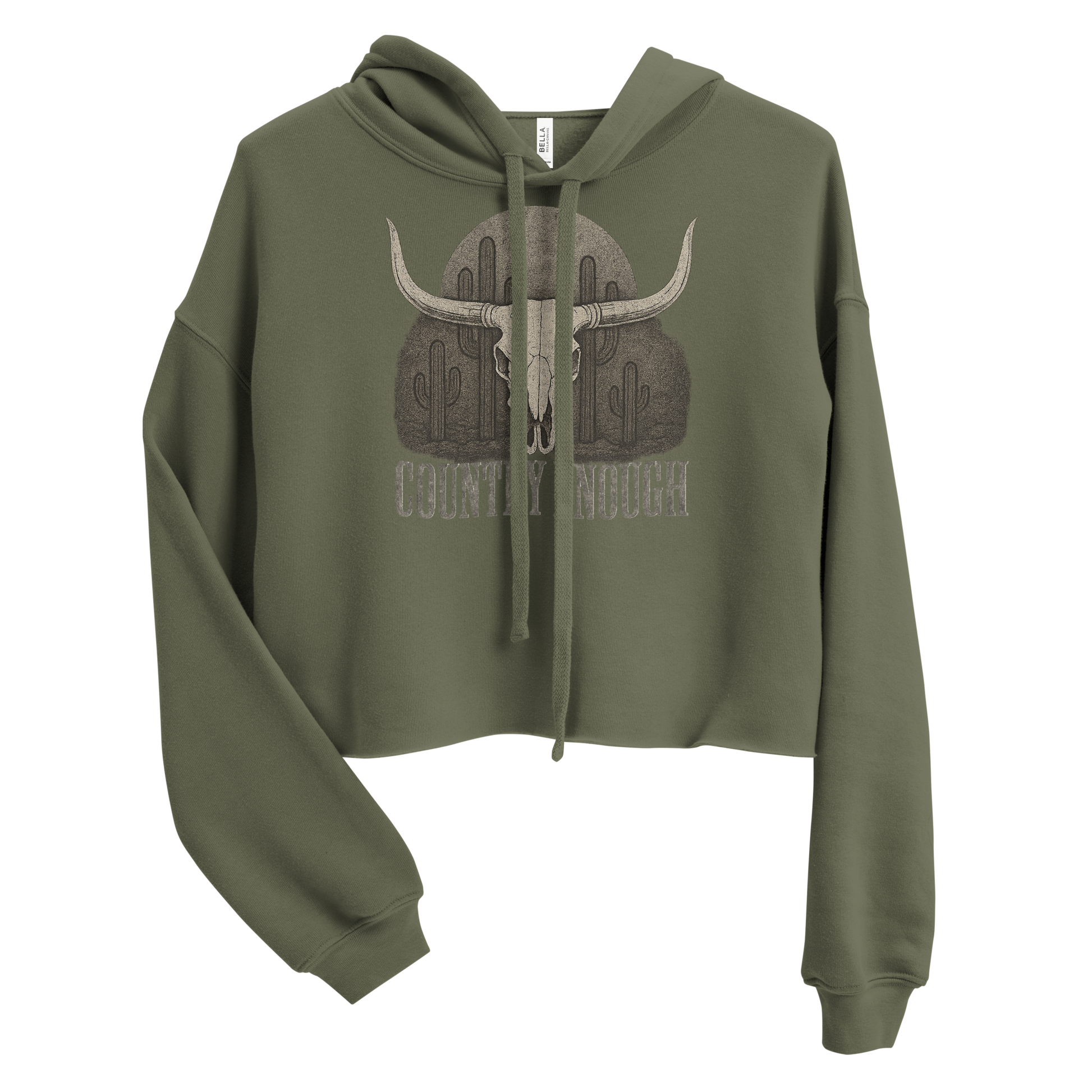 Military Green crop hoodie with graphic of bull skull, cacti, and words country enough #militarygreen