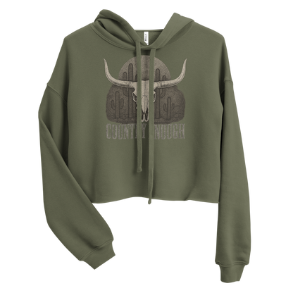 Military Green crop hoodie with graphic of bull skull, cacti, and words country enough #militarygreen