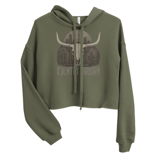 Military Green crop hoodie with graphic of bull skull, cacti, and words country enough #militarygreen