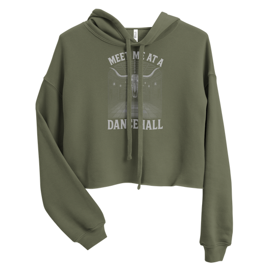 Military Green crop hoodie with graphic of longhorn style disco ball, bar scene, and words meet me at a dance hall #militarygreen