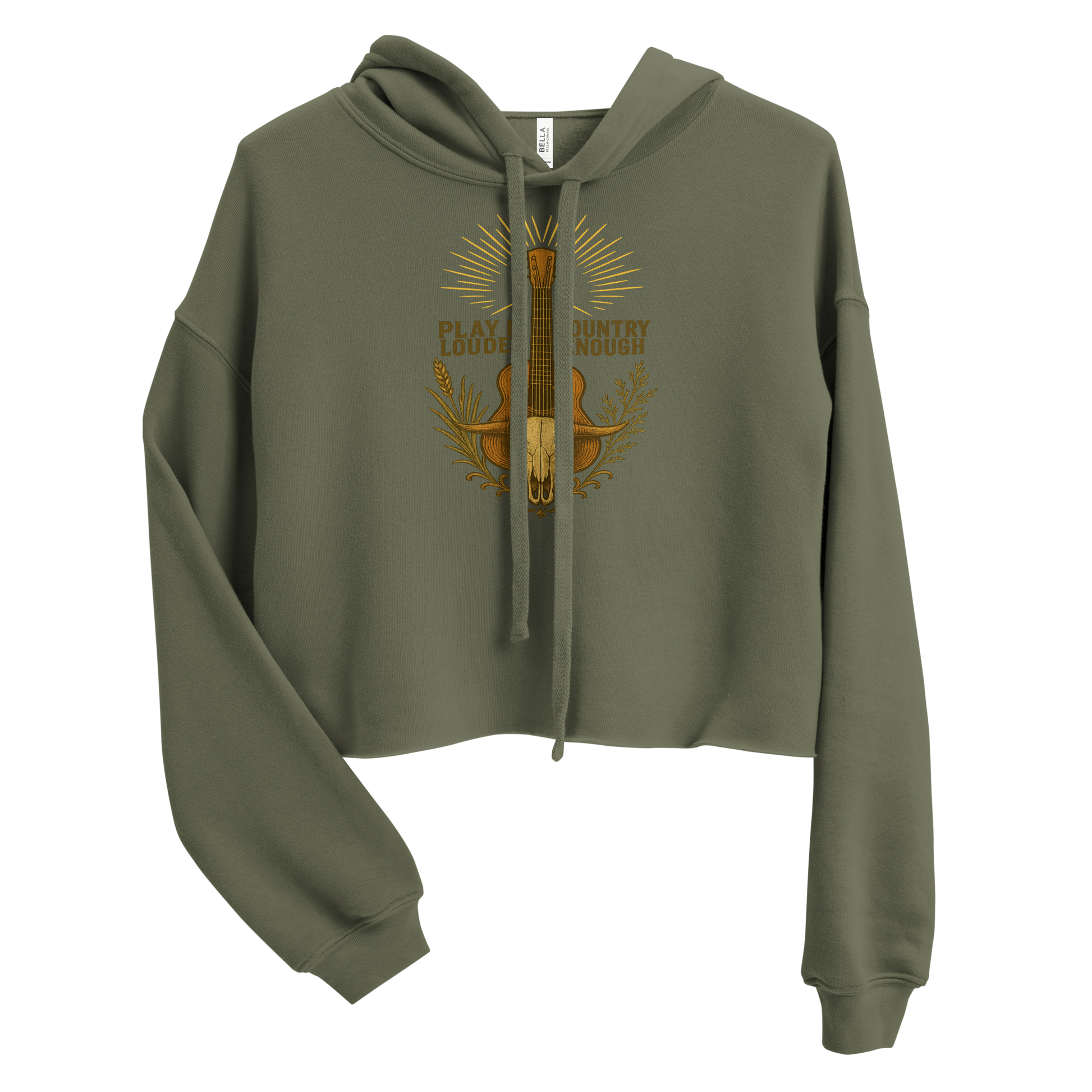 Military Green crop hoodie with a guitar graphic featuring the words play it louder and country enough #militarygreen