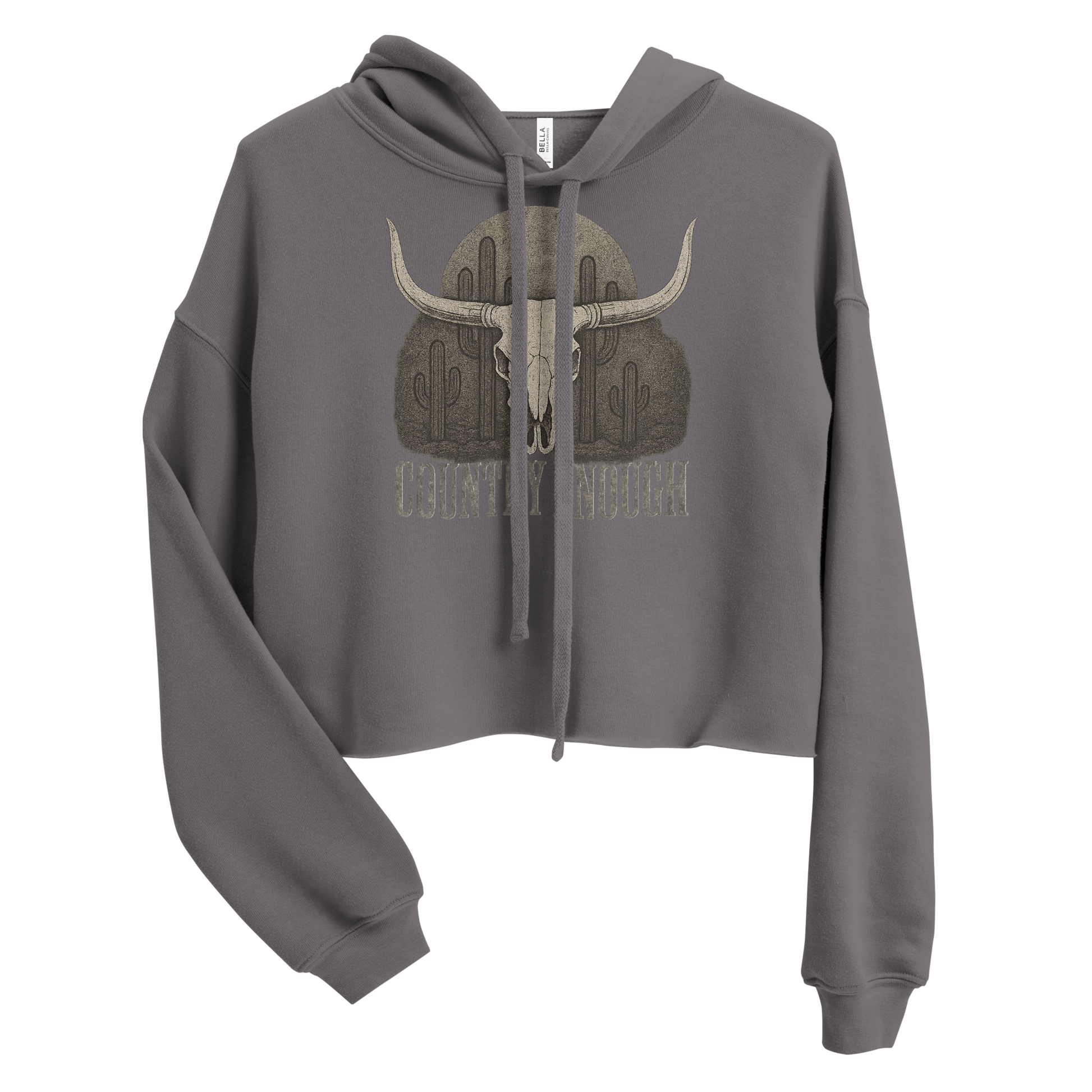 Gray crop hoodie with graphic of bull skull, cacti, and words country enough #gray