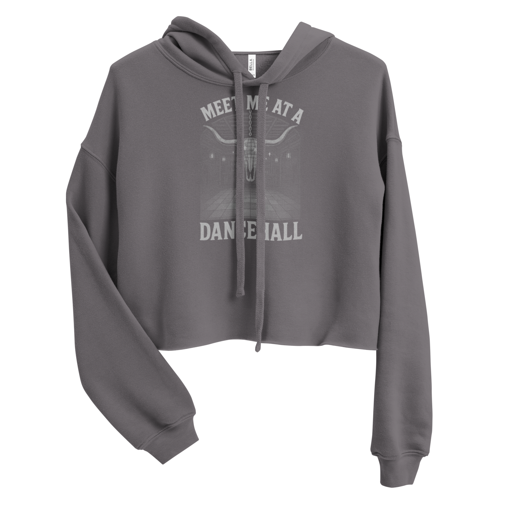 Gray crop hoodie with graphic of longhorn style disco ball, bar scene, and words meet me at a dance hall #gray