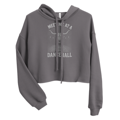Gray crop hoodie with graphic of longhorn style disco ball, bar scene, and words meet me at a dance hall #gray