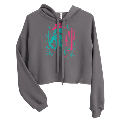 Gray crop hoodie with graphic of cowgirl, moon, and cacti #gray