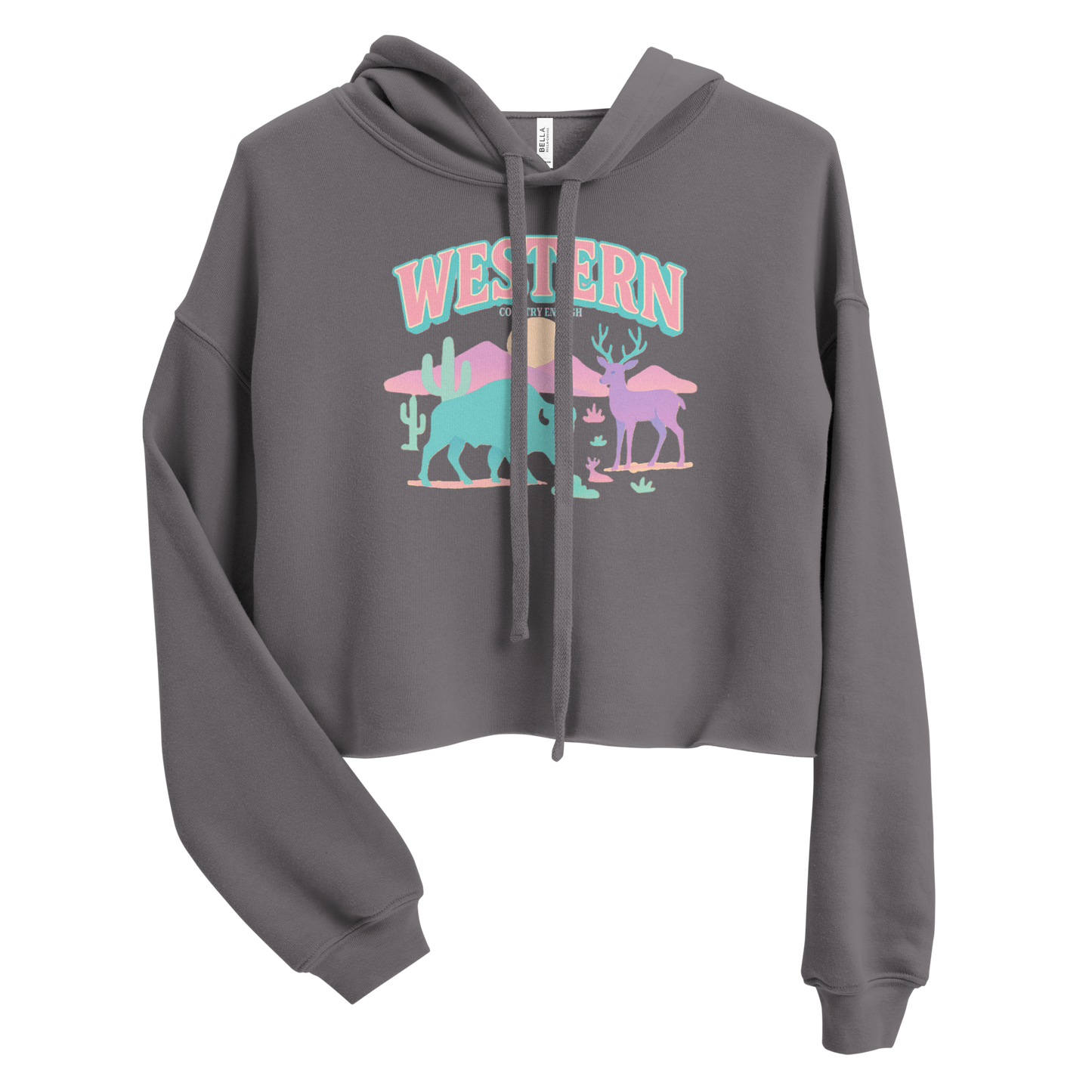 Gray crop hoodie with pastel graphic of bison, deer, desert landscape, and sun #gray