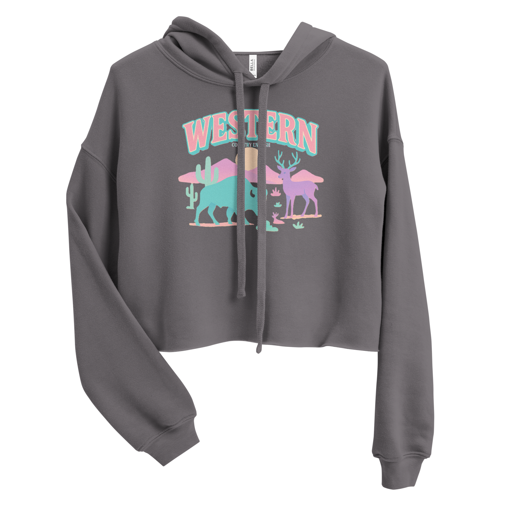 Gray crop hoodie with pastel graphic of bison, deer, desert landscape, and sun #gray