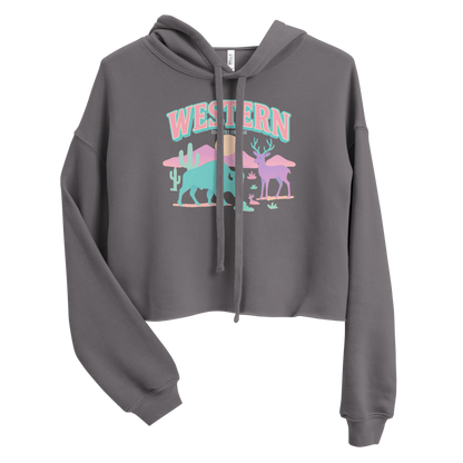 Gray crop hoodie with pastel graphic of bison, deer, desert landscape, and sun #gray