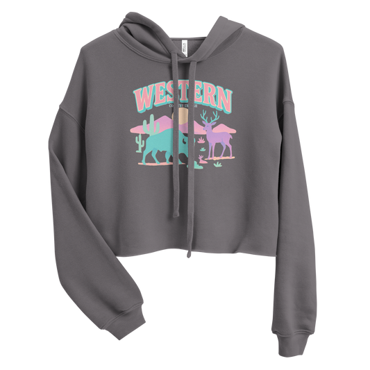 Gray crop hoodie with pastel graphic of bison, deer, desert landscape, and sun #gray