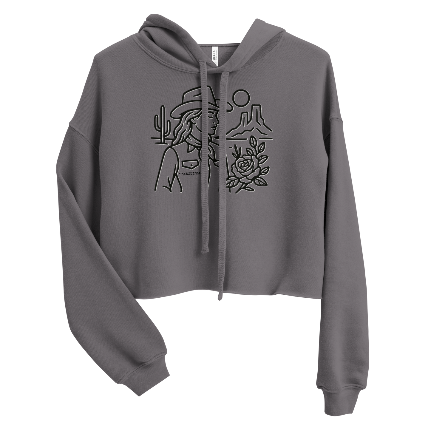 Gray crop hoodie with graphic of a cowgirl, desert landscape, sun, cacti, and rose #gray