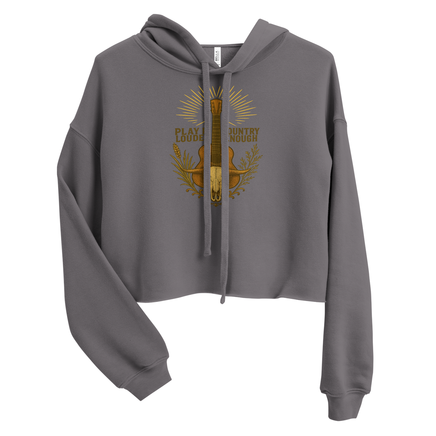 Gray crop hoodie with a guitar graphic featuring the words play it louder and country enough #gray