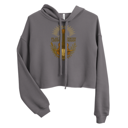 Gray crop hoodie with a guitar graphic featuring the words play it louder and country enough #gray