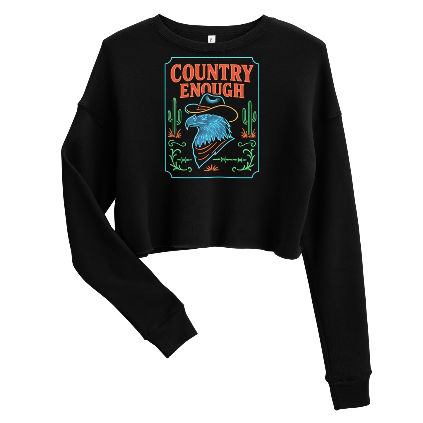 Black crop sweatshirt with neon style western graphic featuring an eagle and cacti and words country enough #black