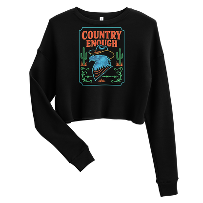 Black crop sweatshirt with neon style western graphic featuring an eagle and cacti and words country enough #black