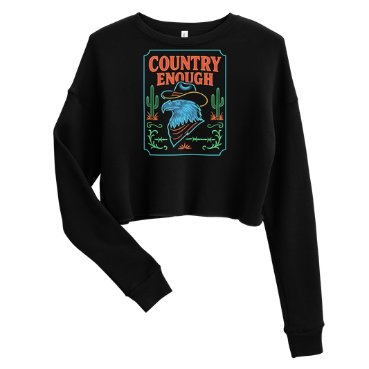 Black crop sweatshirt with neon style western graphic featuring an eagle and cacti and words country enough #black