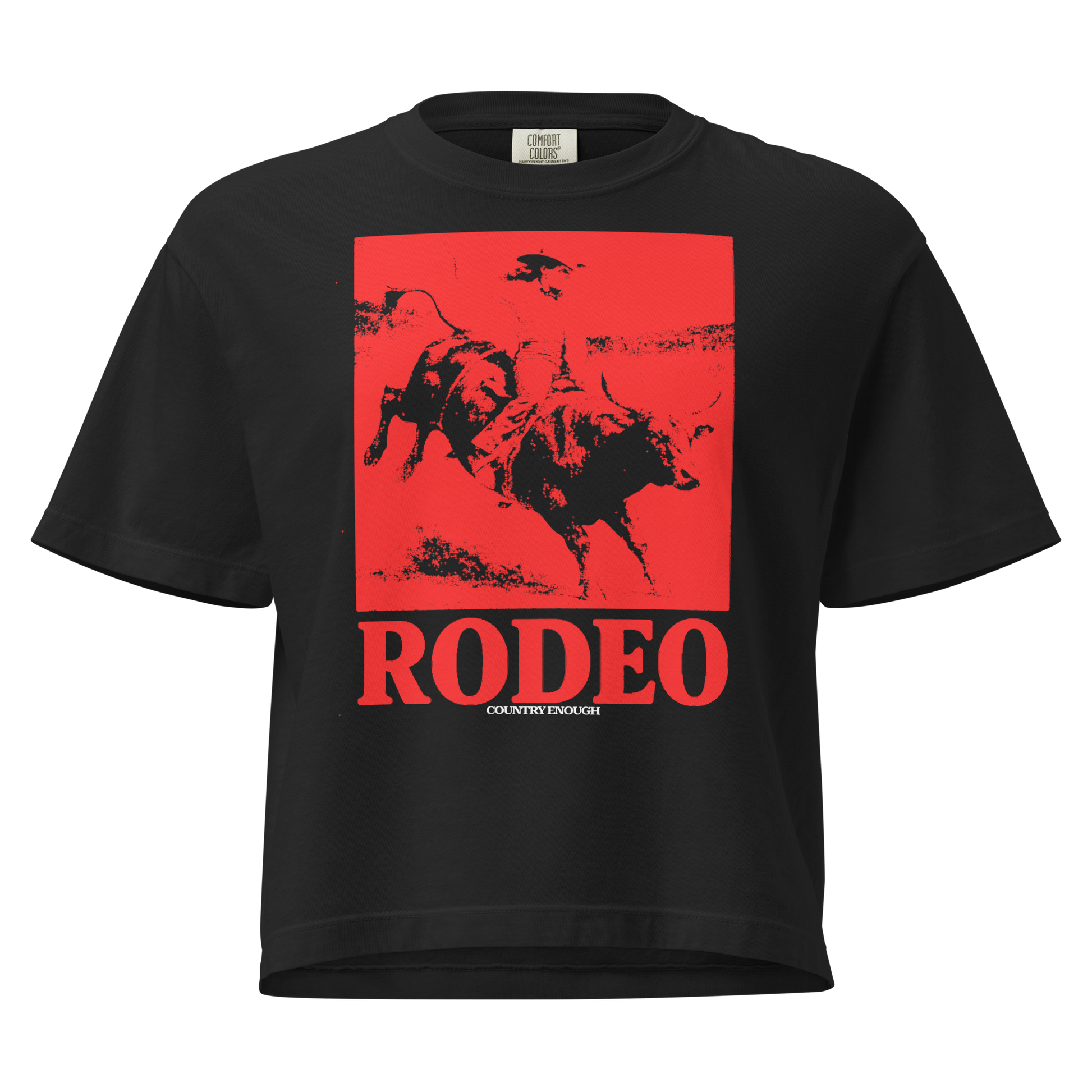 Black t-shirt with bright red graphic of a cowgirl riding a bull and the word rodeo below #black