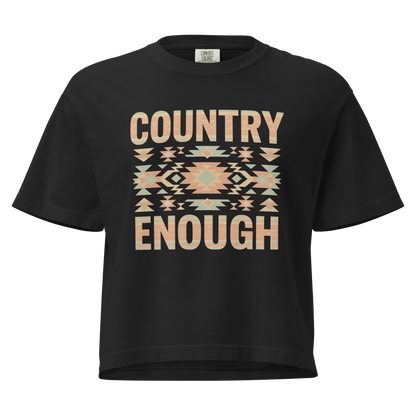 Black t-shirt with a stand alone aztec pattern and the pattern used as the color for the words country enough #black