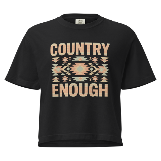Black t-shirt with a stand alone aztec pattern and the pattern used as the color for the words country enough #black