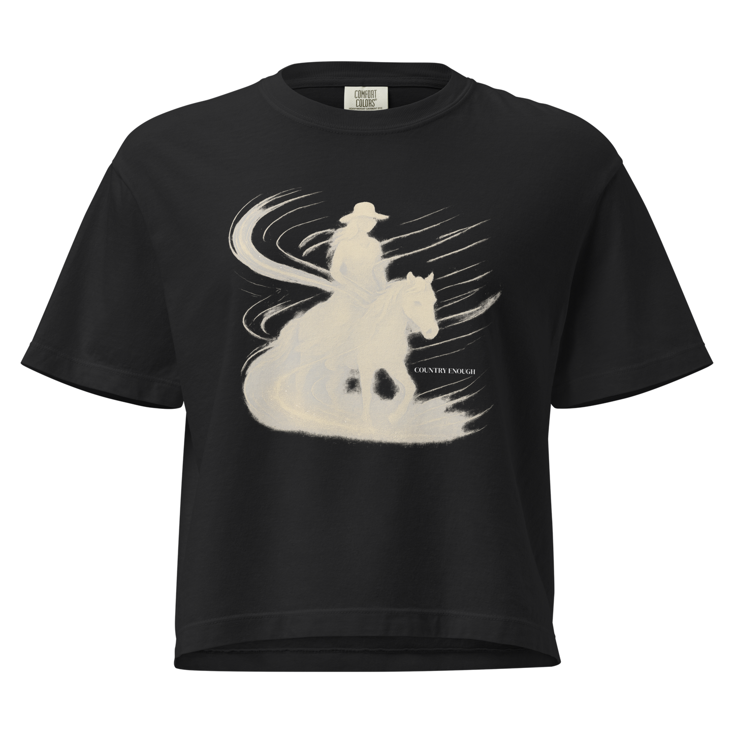 Black t-shirt with graphic of cowgirl riding horse with visual wind present #black