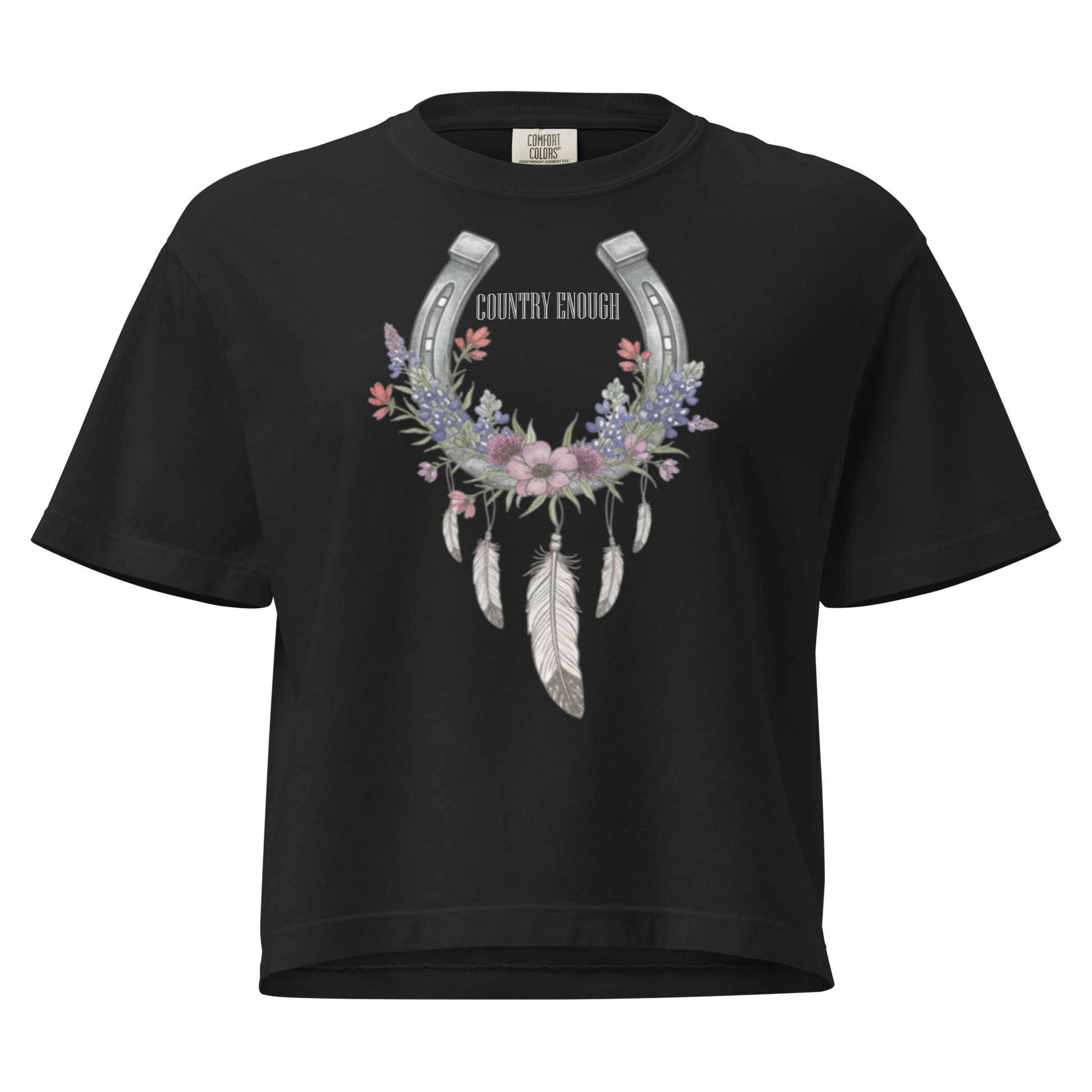 Black crop top with horseshoe, feathers, flower, and country enough text graphic #black