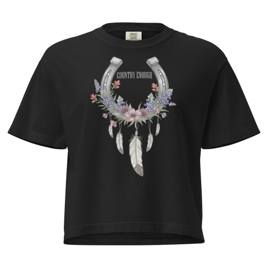 Black crop top with horseshoe, feathers, flower, and country enough text graphic #black