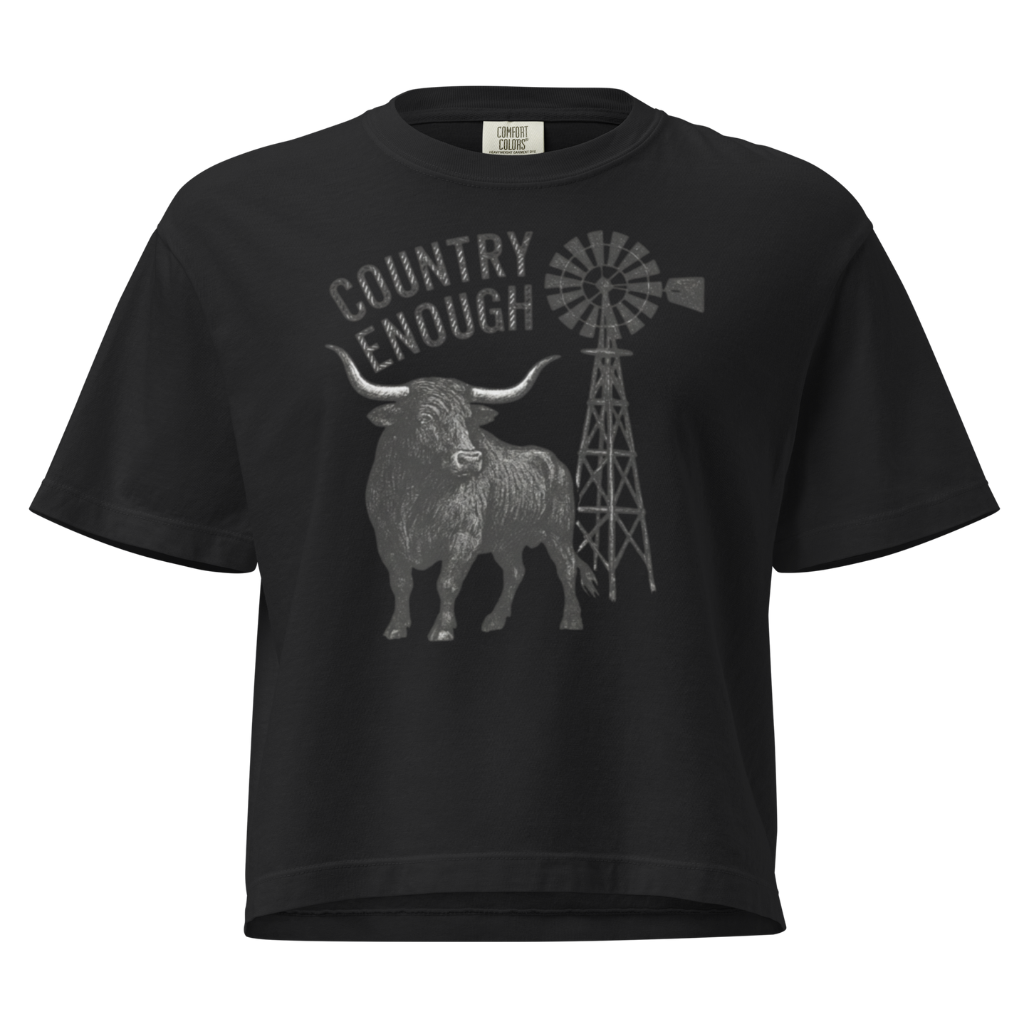 Black boxy t-shirt white longhorn, windmill and country enough in rope text graphic #black