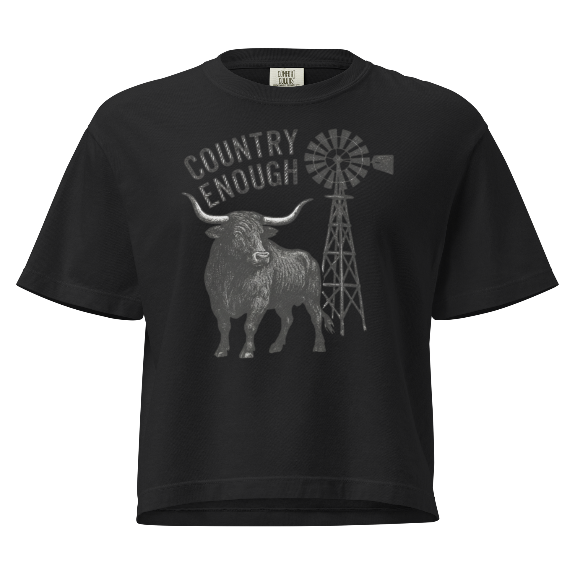Black boxy t-shirt white longhorn, windmill and country enough in rope text graphic #black