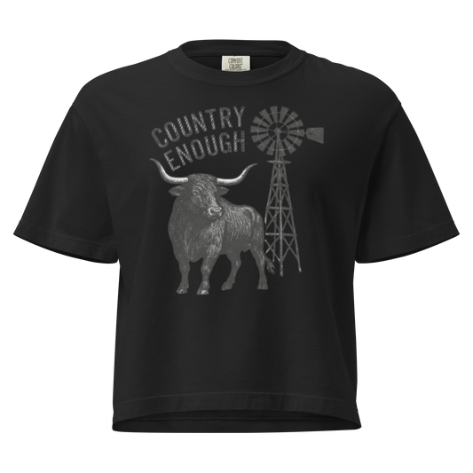 Black boxy t-shirt white longhorn, windmill and country enough in rope text graphic #black