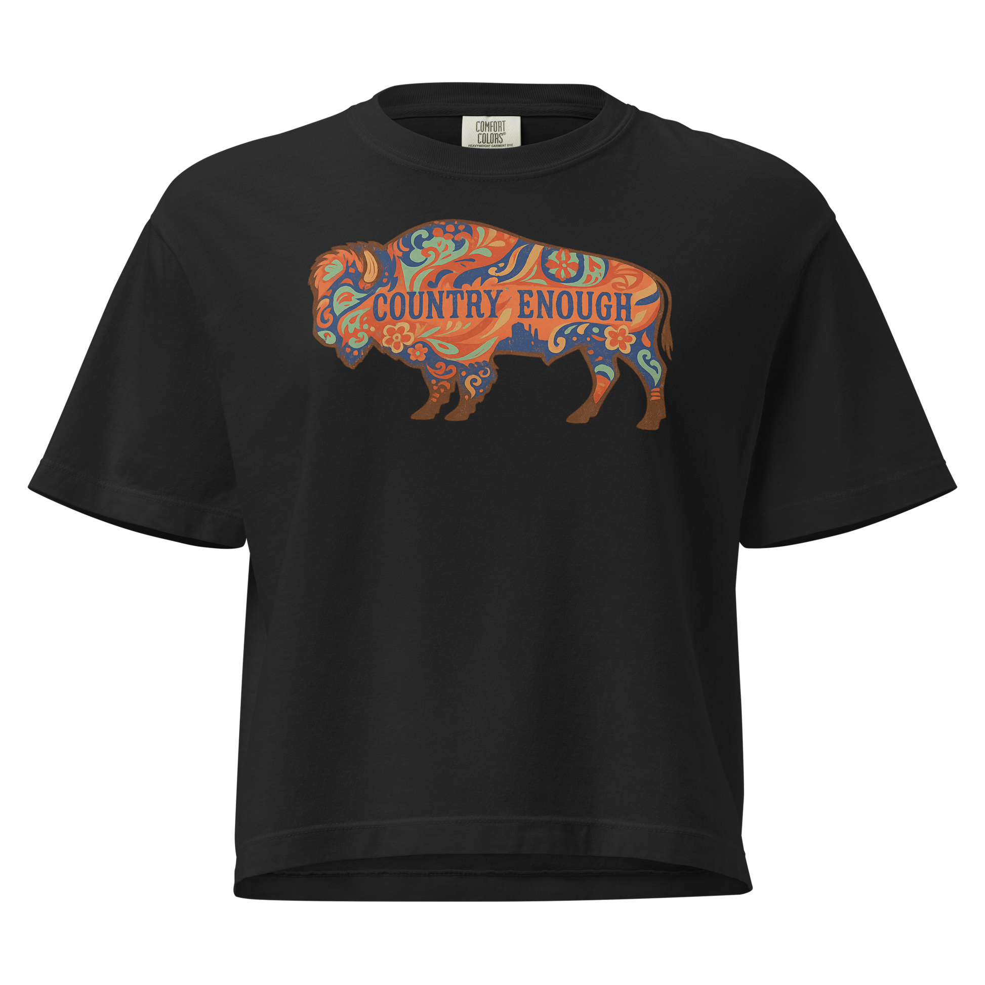 Black crop top with floral buffalo graphic and Country Enough text #black