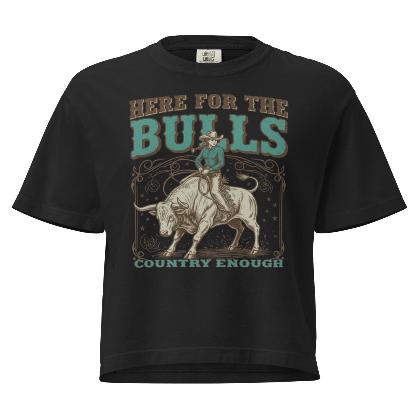 Black t-shirt with graphic of cowgirl on top of a bull and words here for the bulls #black