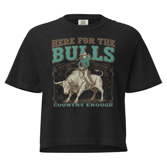 Black t-shirt with graphic of cowgirl on top of a bull and words here for the bulls #black